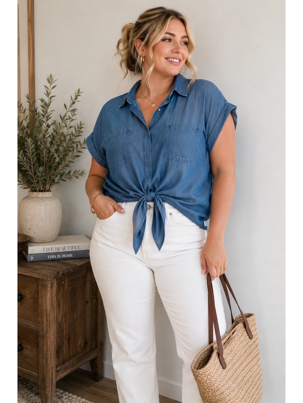 Louise Paris 100% Lyocell Chambray Tie Front Utility Shirt Petite PL